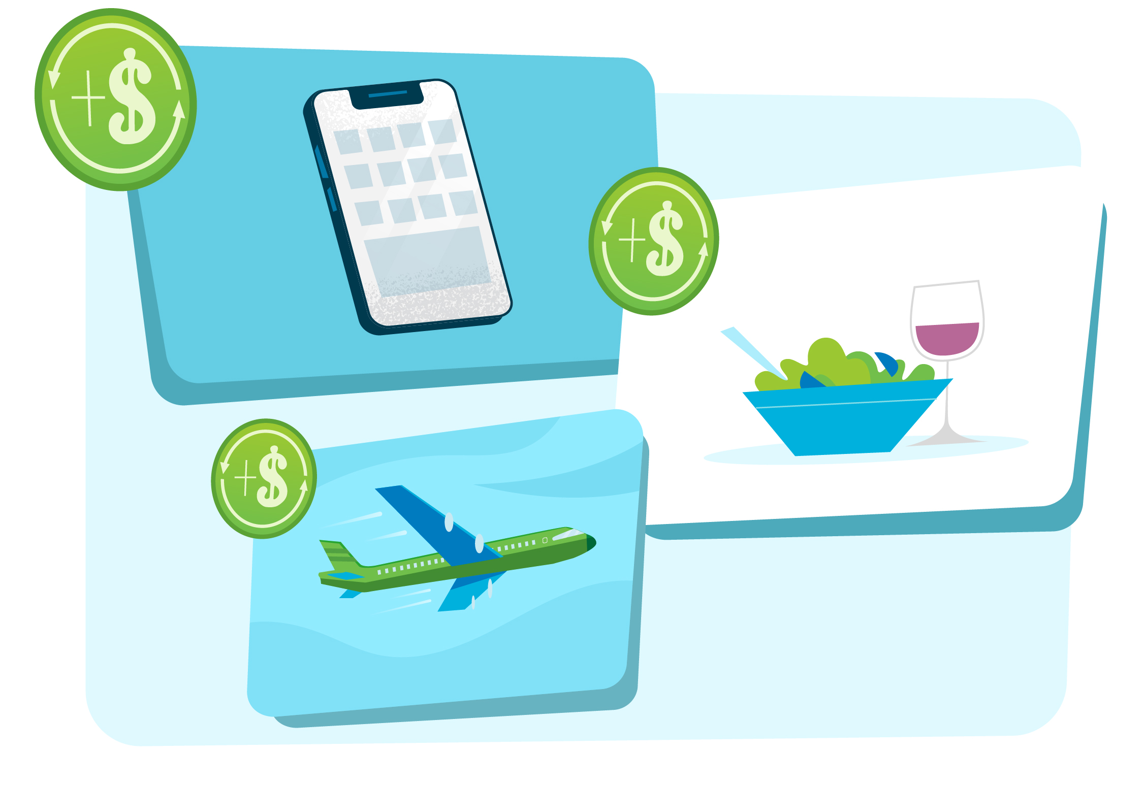 Images of airplane, salad and wine, and mobile phone