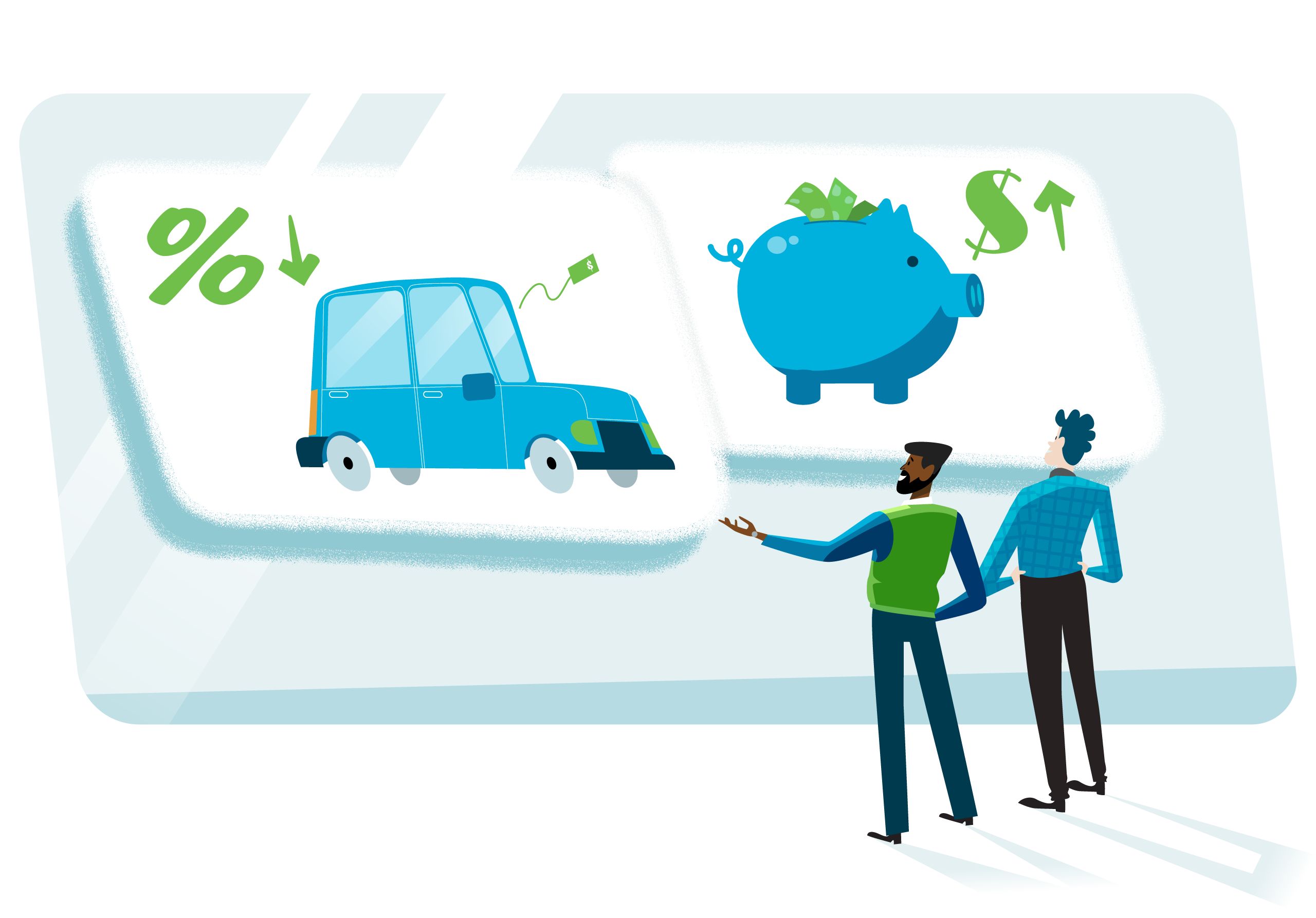Two men are looking at auto and savings rates
