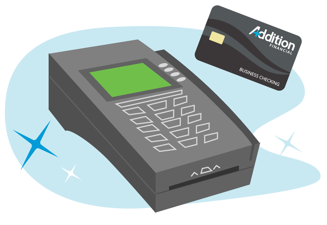 A credit card swipe device with an Addition Financial credit card